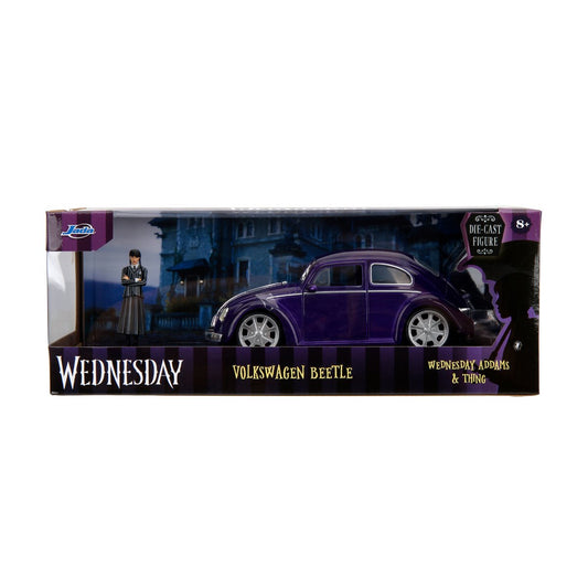 JADA TOYS - Volkswagen Beetle with Wednesday Addams and Thing Figures - Hollywood Rides (Auto escala 1:24)