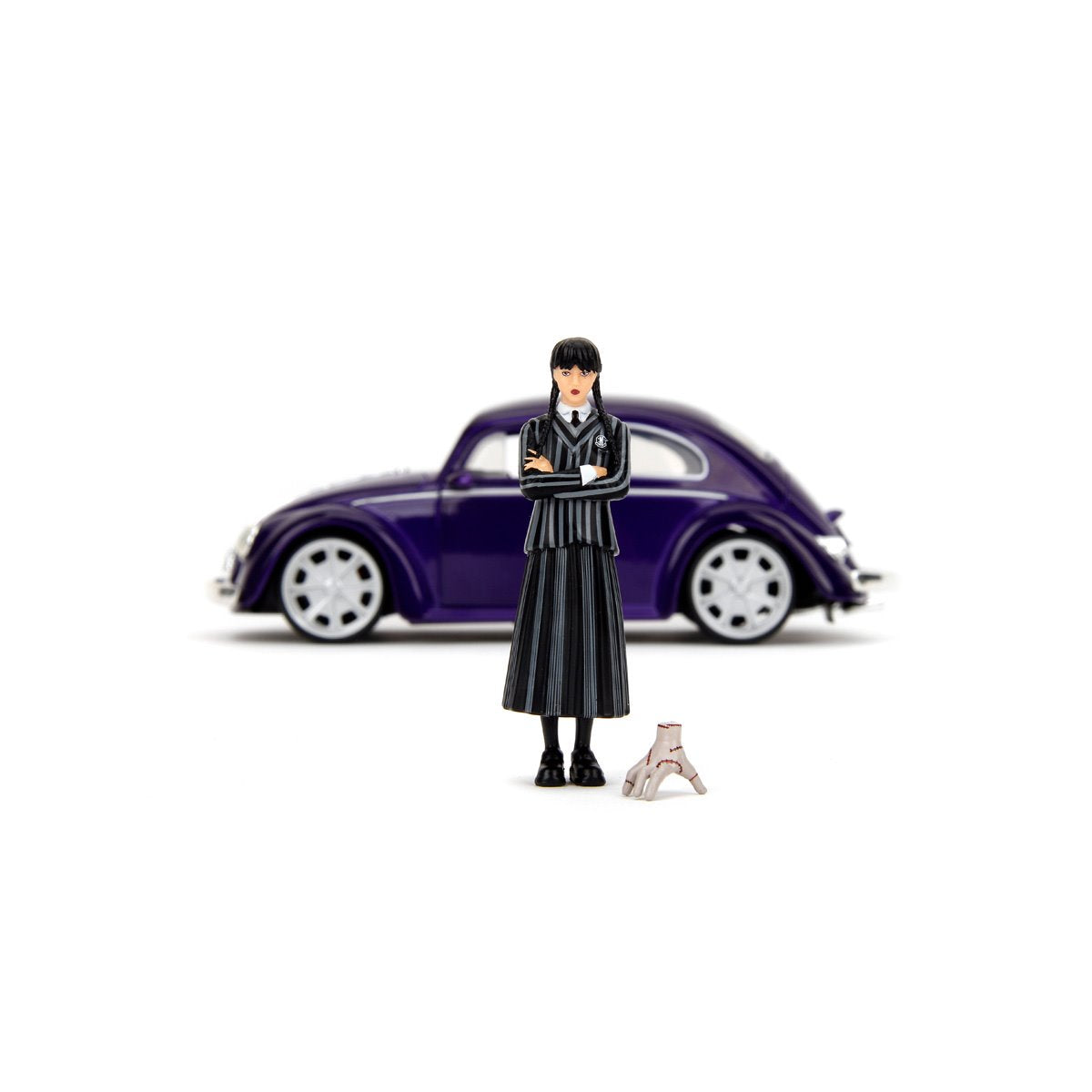 JADA TOYS - Volkswagen Beetle with Wednesday Addams and Thing Figures - Hollywood Rides (Auto escala 1:24)